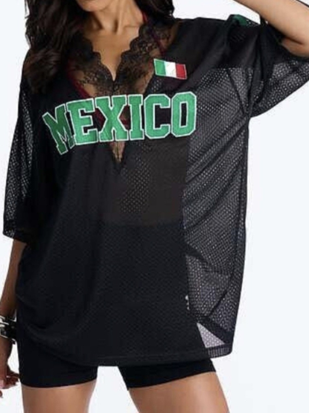 Fashion Nova Black Mesh V-Neck 'MEXICO' Jersey with Green Lettering